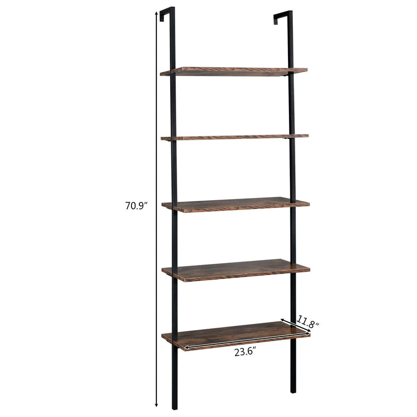 Industrial Wall Mounted Bookcase 5 - Tier Open Ladder Shelf Bookshelf with Metal Frame, 23.6" L x 11.8" W x 70.9" H - 7DAY'S