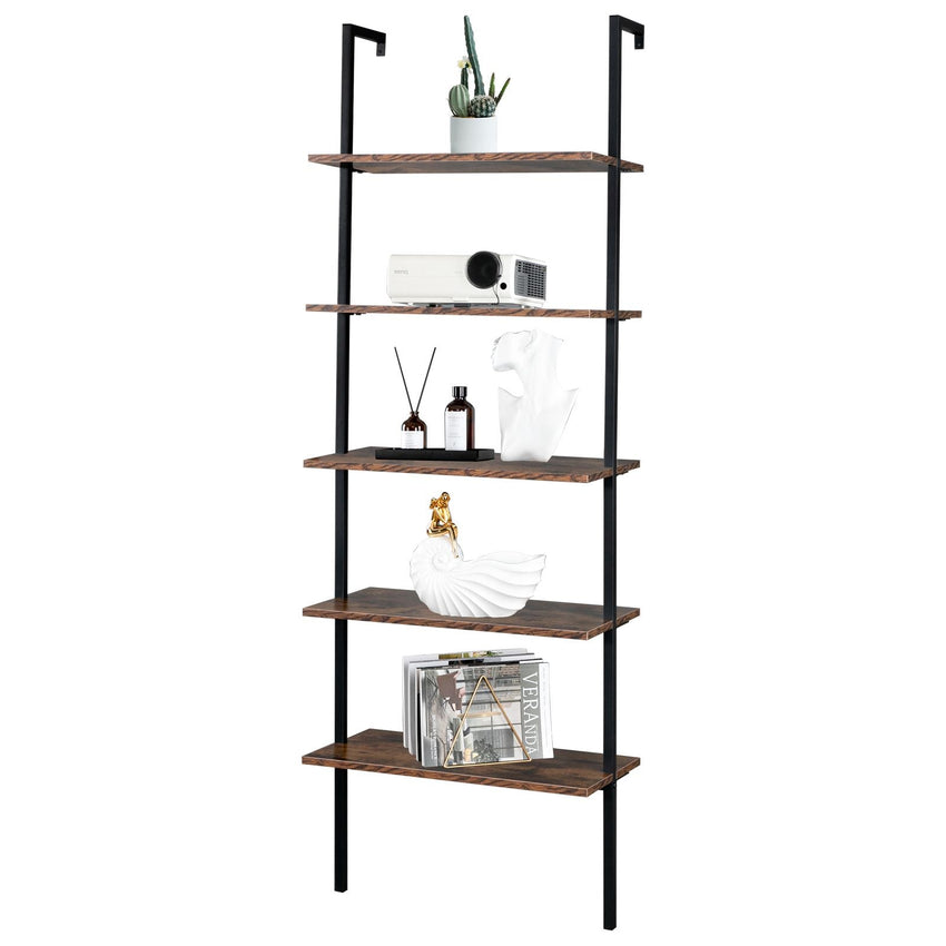 Industrial Wall Mounted Bookcase 5 - Tier Open Ladder Shelf Bookshelf with Metal Frame, 23.6" L x 11.8" W x 70.9" H - 7DAY'S