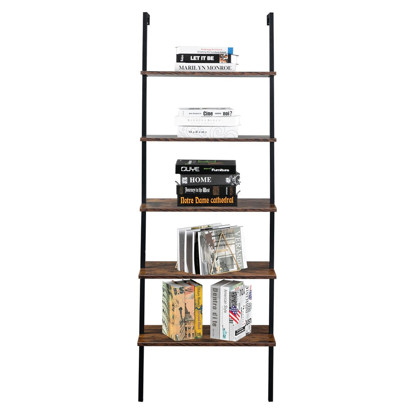 Industrial Wall Mounted Bookcase 5 - Tier Open Ladder Shelf Bookshelf with Metal Frame, 23.6" L x 11.8" W x 70.9" H - 7DAY'S