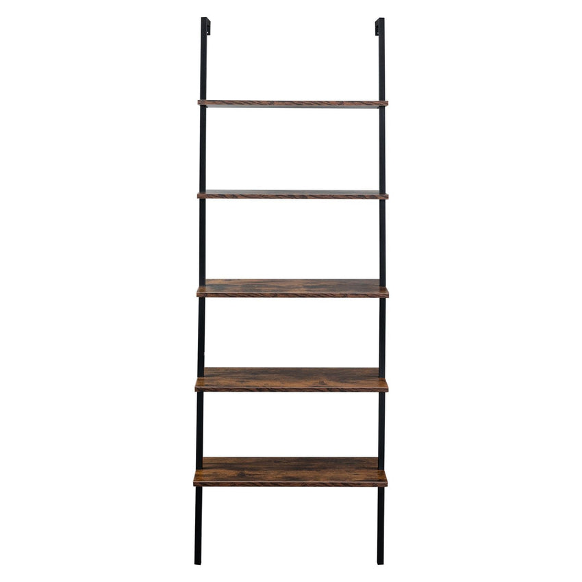 Industrial Wall Mounted Bookcase 5 - Tier Open Ladder Shelf Bookshelf with Metal Frame, 23.6" L x 11.8" W x 70.9" H - 7DAY'S
