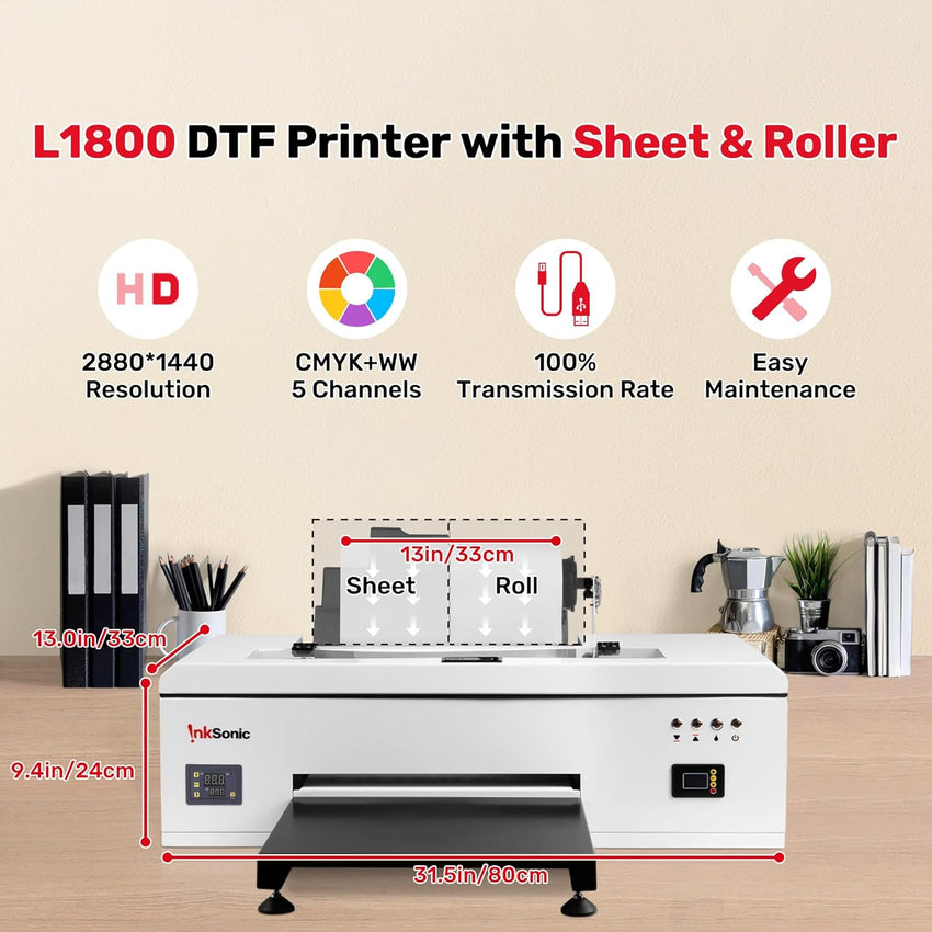 InkSonic L1800 DTF Printer, E13, A3/13" Width DTF Transfer Machine, Custom Garment Printing, Multi - Material Compatible, Direct To Film, White Ink Circulation System & Auto Clean, Built - in Heating - 7DAY'S