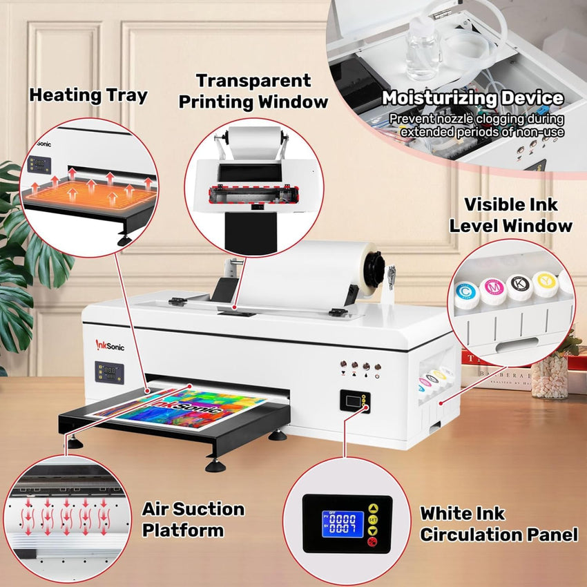 InkSonic L1800 DTF Printer, E13, A3/13" Width DTF Transfer Machine, Custom Garment Printing, Multi - Material Compatible, Direct To Film, White Ink Circulation System & Auto Clean, Built - in Heating - 7DAY'S