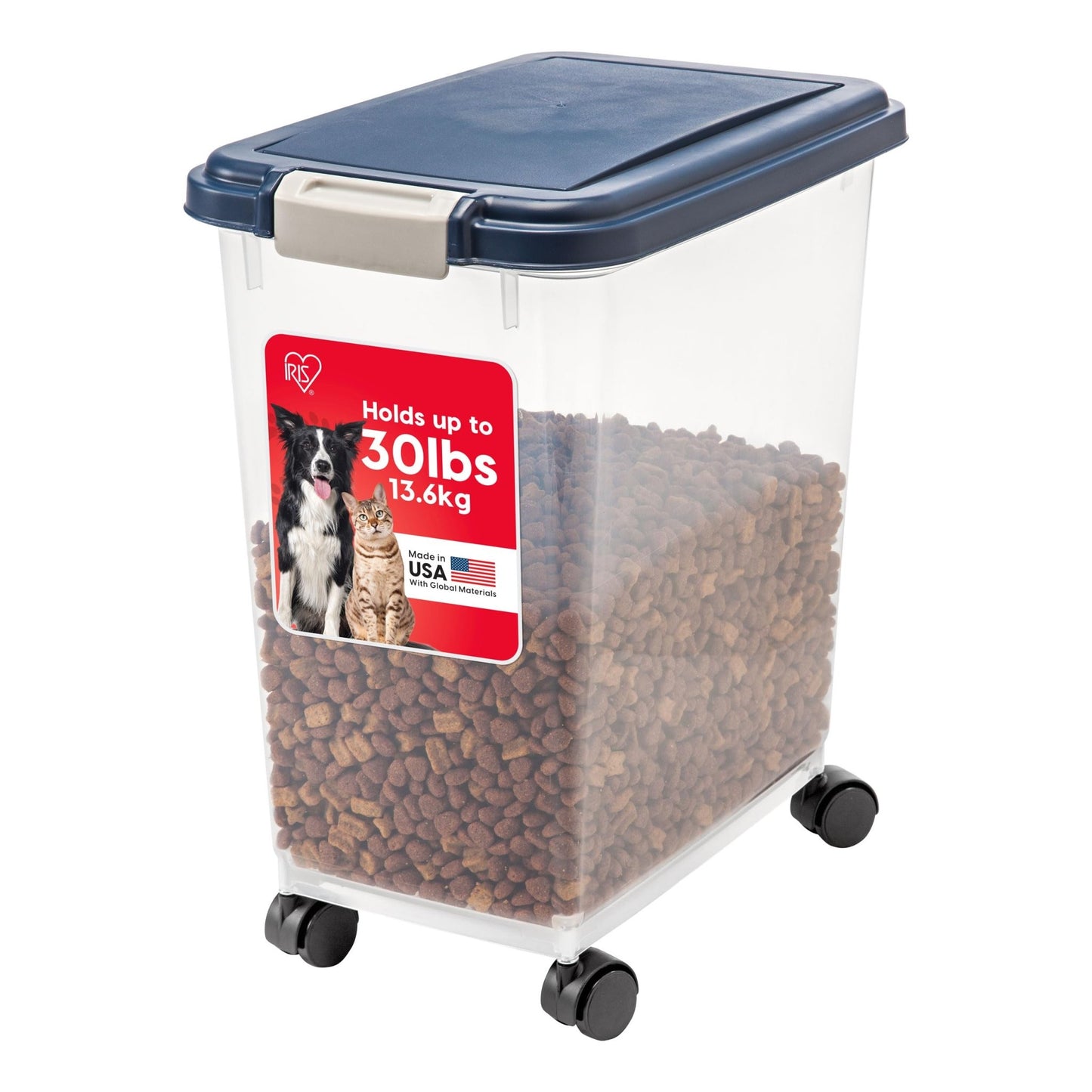 IRIS USA Airtight Pet Food Storage Container with Wheels, Black, 30 lb Capacity - BPA - Free Clear Plastic Bin with Snap - Lid Seal to Keep Kibble, Pellets or Seeds Fresh for Dogs, Cats and Birds - 7DAY'S