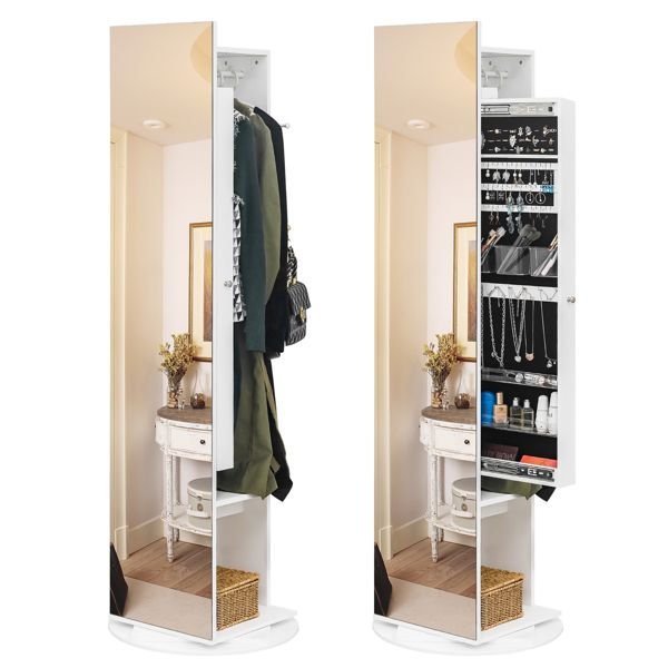Jewelry Armoire with Full Length Mirror 360° and Large Capacity Jewelry Organizer Armoire; Lockable Mirror with Jewelry Storage; Coat Rack; Multi Storage Shelves - 7DAY'S