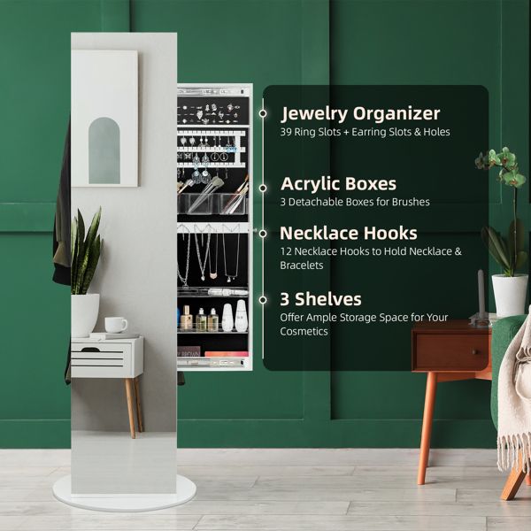 Jewelry Armoire with Full Length Mirror 360° and Large Capacity Jewelry Organizer Armoire; Lockable Mirror with Jewelry Storage; Coat Rack; Multi Storage Shelves - 7DAY'S