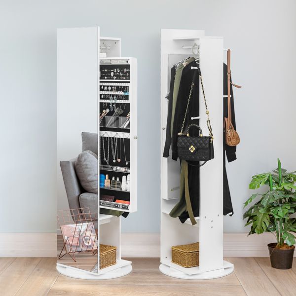 Jewelry Armoire with Full Length Mirror 360° and Large Capacity Jewelry Organizer Armoire; Lockable Mirror with Jewelry Storage; Coat Rack; Multi Storage Shelves - 7DAY'S