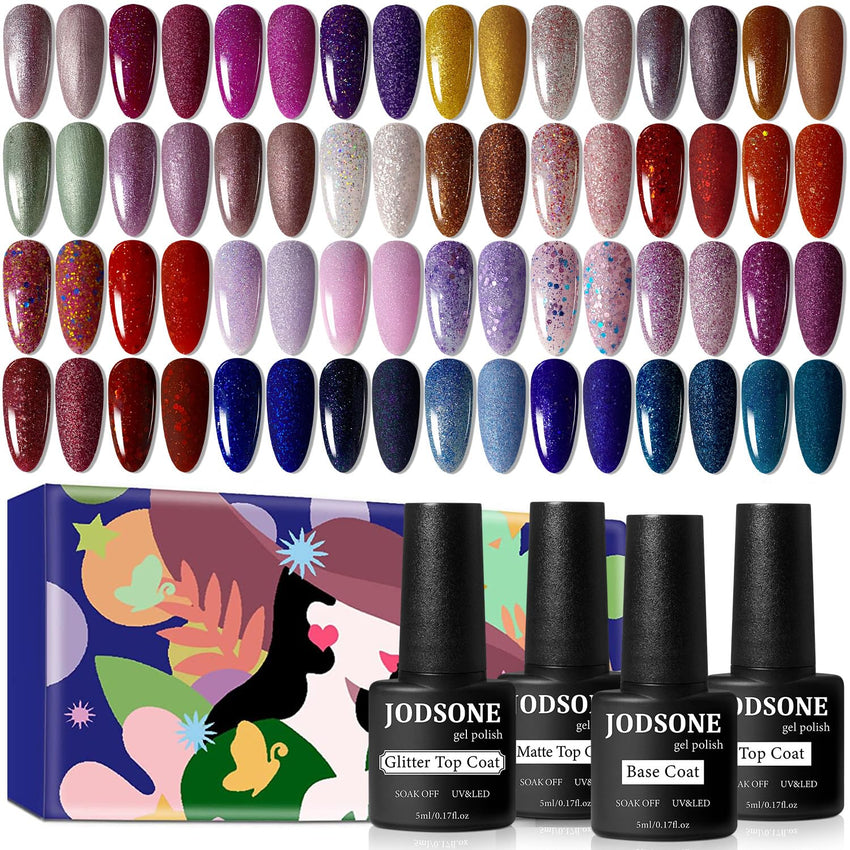 JODSONE 36 PCS Gel Nail Polish Set - 32 Colors Gel Polish Kit Base Coat Glossy Matte and Glitter Top Coat Nail Polish Set Green Blue Red Pink Collection Gifts for Women - 7DAY'S