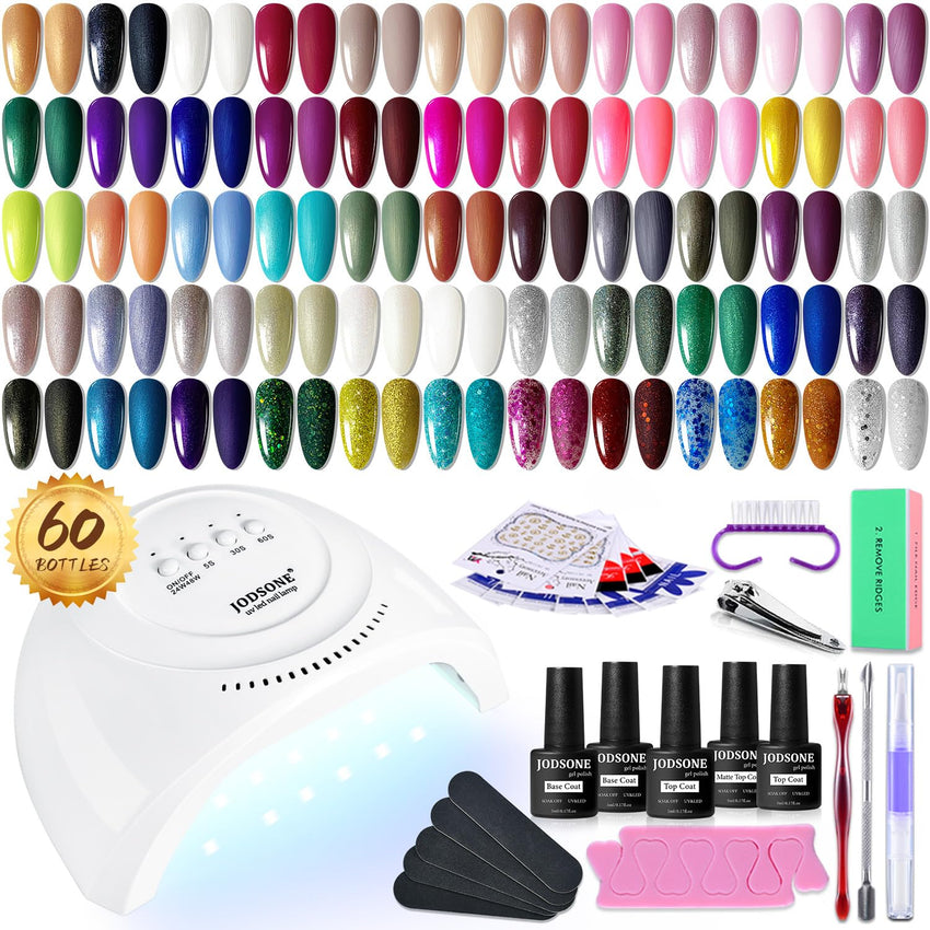 JODSONE 36 PCS Gel Nail Polish Set - 32 Colors Gel Polish Kit Base Coat Glossy Matte and Glitter Top Coat Nail Polish Set Green Blue Red Pink Collection Gifts for Women - 7DAY'S