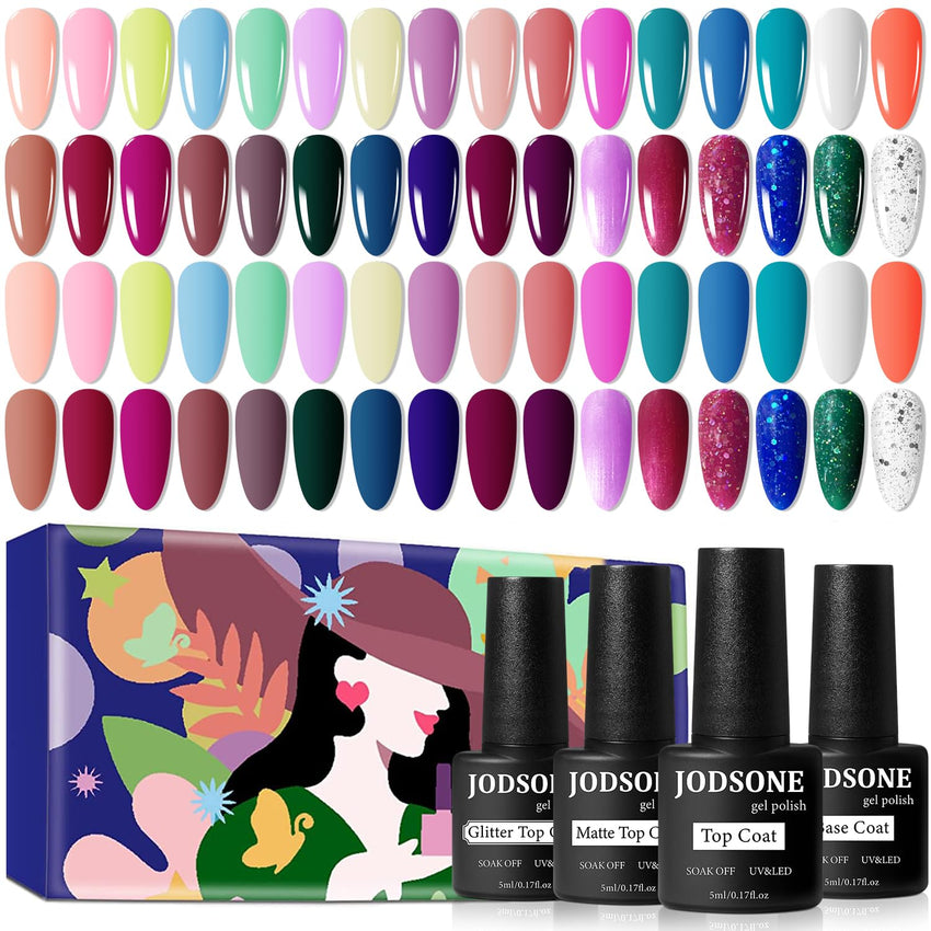 JODSONE 36 PCS Gel Nail Polish Set - 32 Colors Gel Polish Kit Base Coat Glossy Matte and Glitter Top Coat Nail Polish Set Green Blue Red Pink Collection Gifts for Women - 7DAY'S