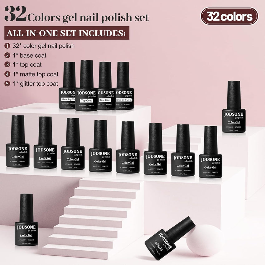 JODSONE 36 PCS Gel Nail Polish Set - 32 Colors Gel Polish Kit Base Coat Glossy Matte and Glitter Top Coat Nail Polish Set Green Blue Red Pink Collection Gifts for Women - 7DAY'S