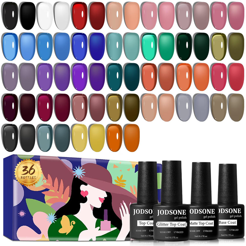JODSONE 36 PCS Gel Nail Polish Set - 32 Colors Gel Polish Kit Base Coat Glossy Matte and Glitter Top Coat Nail Polish Set Green Blue Red Pink Collection Gifts for Women - 7DAY'S