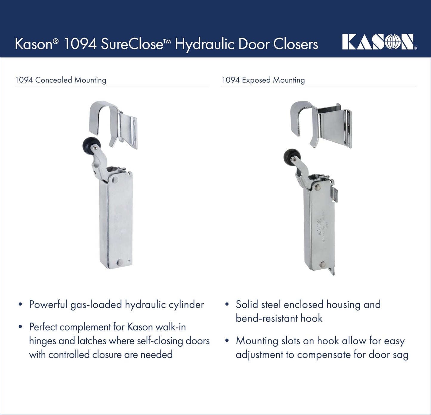 Kason 1094 SureClose Hydraulic Door Closer and Hook, Concealed Mounting, Adjustable Wide - Hook, 7/8 to 1 - 5/8 Inch Offset, 11094000013_11094000027 - 7DAY'S
