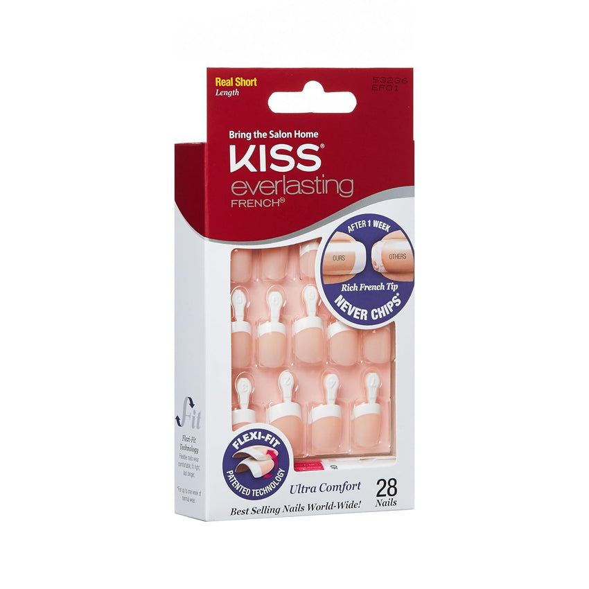 Kiss Everlasting French Nail Manicure, Chip - Free with Flexi - Fit Technology, Real Short, "Endless", Nail Kit with Pink Nail Glue (Net Wt. 2 g / 0.07oz.), Mini File, Manicure Stick, and 28 Fake Nails - 7DAY'S