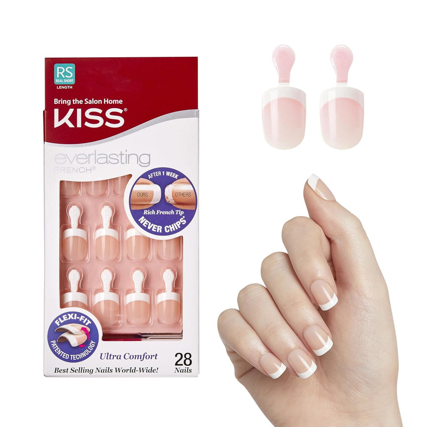 Kiss Everlasting French Nail Manicure, Chip - Free with Flexi - Fit Technology, Real Short, "Endless", Nail Kit with Pink Nail Glue (Net Wt. 2 g / 0.07oz.), Mini File, Manicure Stick, and 28 Fake Nails - 7DAY'S