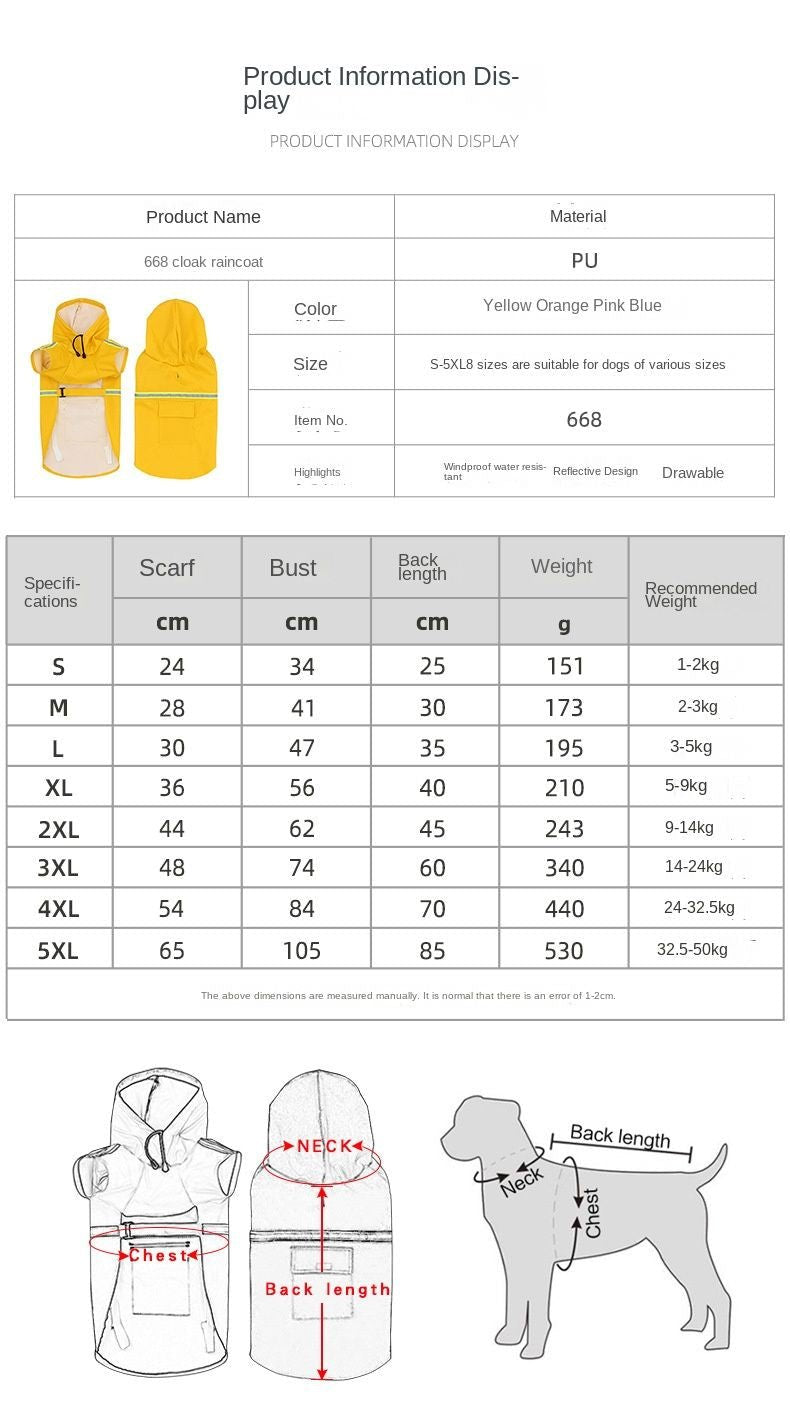 large and small dog raincoat cloak type reflective strip pet raincoat windproof rainproof dog hooded raincoat - 7DAY'S
