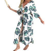 Leaf Print Cover Up Belted Midi Dress Beachwear - 7DAY'S