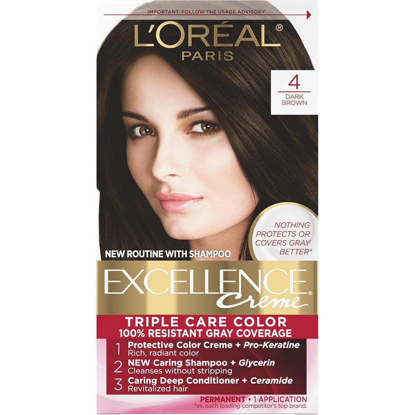 L'Oreal Paris Excellence Creme Permanent Hair Color, 4 Dark Brown, 100 percent Gray Coverage Hair Dye, Pack of 1 - 7DAY'S