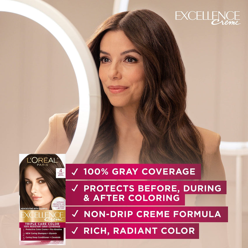 L'Oreal Paris Excellence Creme Permanent Hair Color, 4 Dark Brown, 100 percent Gray Coverage Hair Dye, Pack of 1 - 7DAY'S