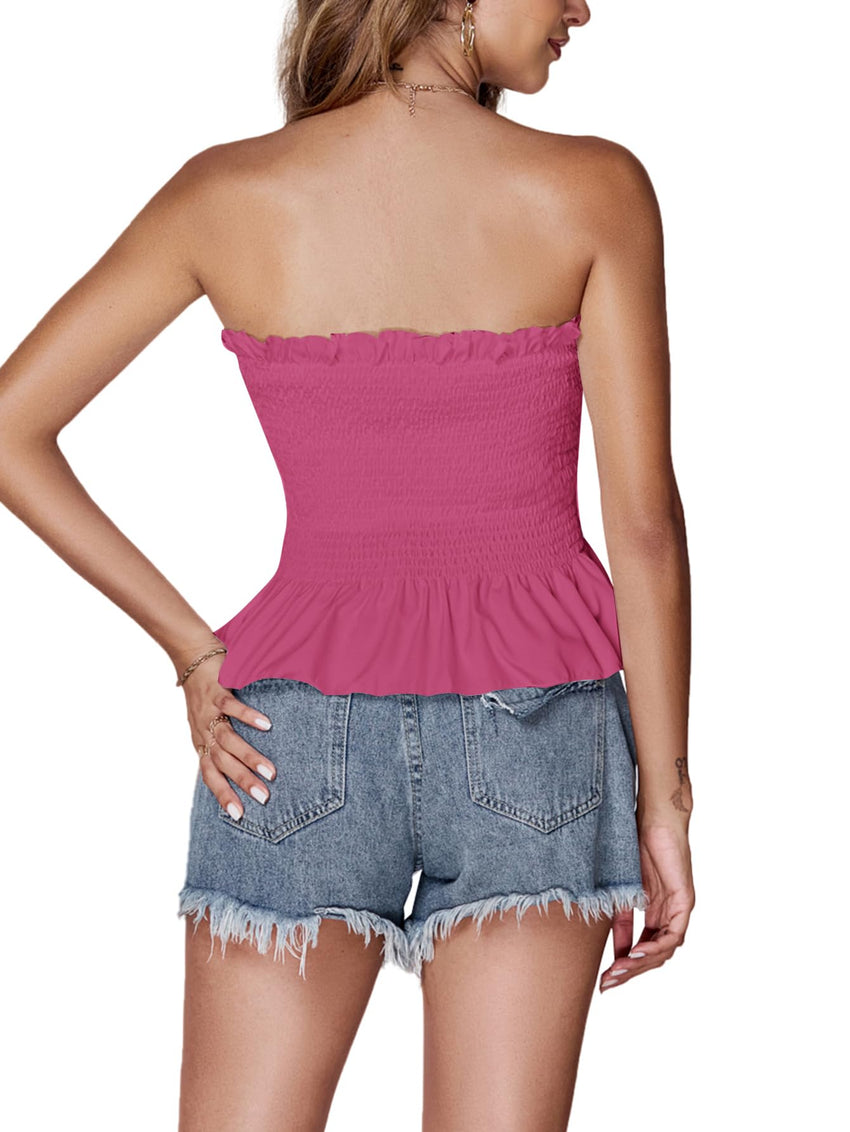 LYANER Women's Frill Shirred Ruffle Hem Strapless Tube Top Sleeveless Pleated Peplum Bandeau Blouse - 7DAY'S