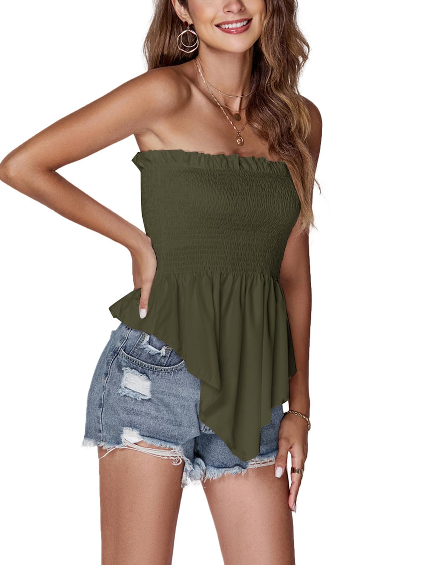 LYANER Women's Frill Shirred Ruffle Hem Strapless Tube Top Sleeveless Pleated Peplum Bandeau Blouse - 7DAY'S