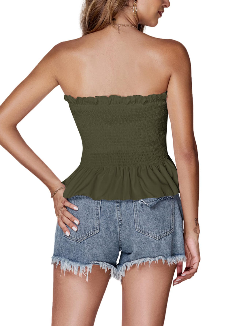 LYANER Women's Frill Shirred Ruffle Hem Strapless Tube Top Sleeveless Pleated Peplum Bandeau Blouse - 7DAY'S
