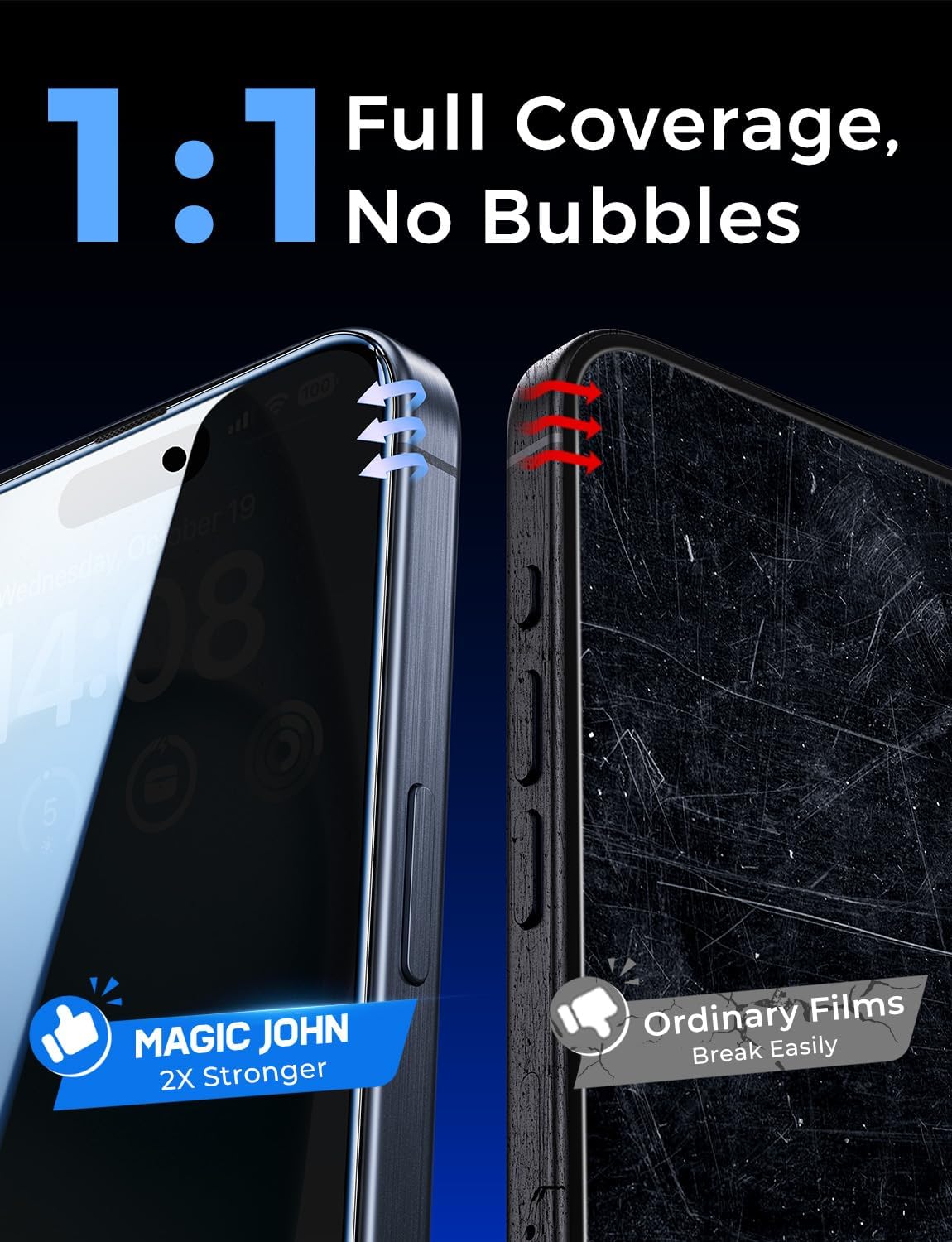 MAGIC JOHN 2 Pack for iPhone 15 6.1 inch Privacy Glass Screen Protector, Auto Dust - Elimination Installation, Bubble Free, Easy Installation - 7DAY'S