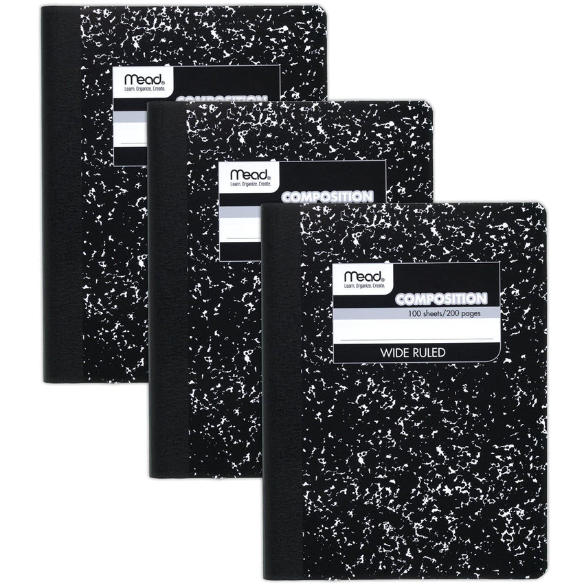 Mead Composition Notebook, 3 Pack, Wide Ruled Paper, 7 - 1/2" x 9 - 3/4", 100 Sheets per Comp Book, Black Marble (38301) - 7DAY'S