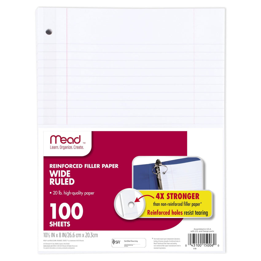 Mead Loose Leaf Paper, Wide Ruled Filler Notebook Paper, 8" x 10 - 1/2", 200 Sheets, Fits 3 - Ring Binder (15200) - 7DAY'S