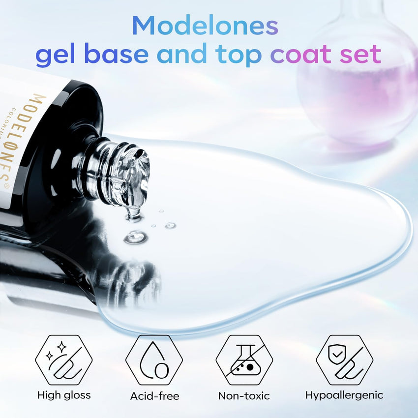 modelones Gel Top Coat, 15 ml 2025 Upgrade Super Shiny Base and Top Coat Set, Soak Off Nail Lamp Acid Free No Wipe Clear Base Top Gel Nail Polish - 7DAY'S