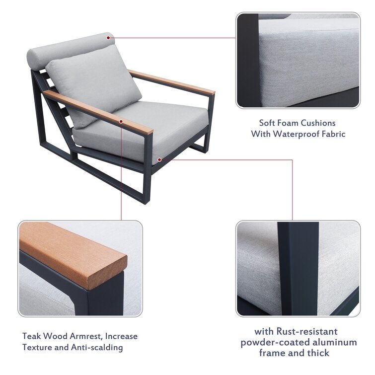 Modern Aluminum Lounge Chairs Sets; Outdoor Furniture Reclining with Ottoman; Cushions and Side Table - 7DAY'S