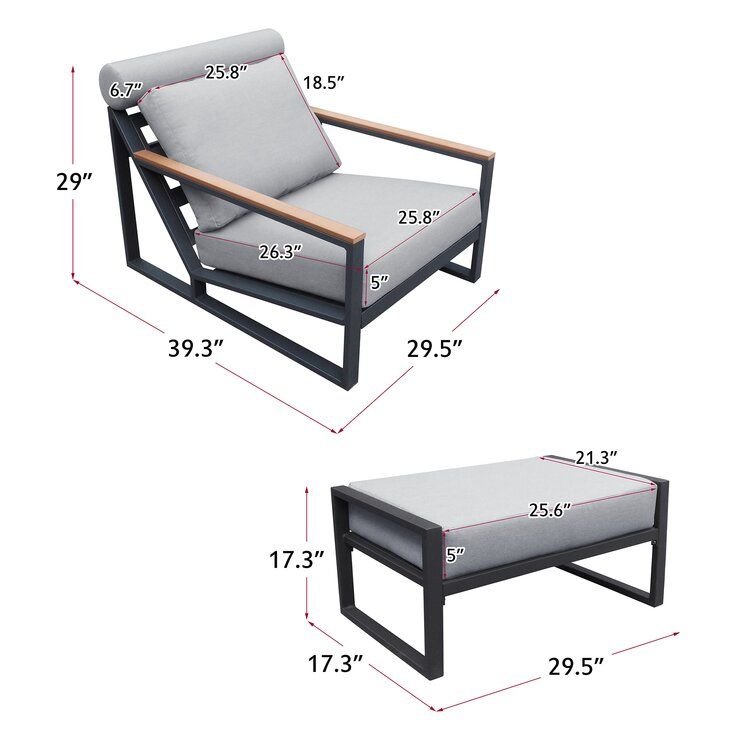Modern Aluminum Lounge Chairs Sets; Outdoor Furniture Reclining with Ottoman; Cushions and Side Table - 7DAY'S
