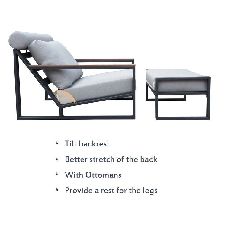 Modern Aluminum Lounge Chairs Sets; Outdoor Furniture Reclining with Ottoman; Cushions and Side Table - 7DAY'S