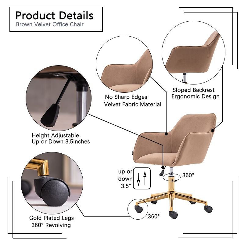 Modern Velvet Fabric Material Adjustable Height 360 revolving Home Office Chair with Gold Metal Legs and Universal Wheels for Indoor - 7DAY'S