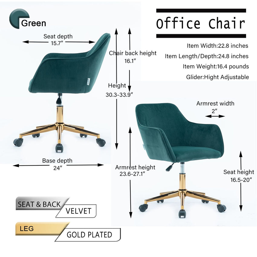 Modern Velvet Fabric Material Adjustable Height 360 revolving Home Office Chair with Gold Metal Legs and Universal Wheels for Indoor - 7DAY'S