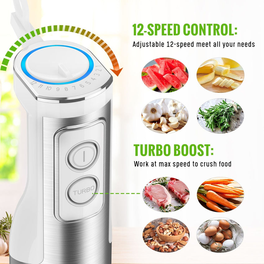 MOOKA FAMILY 5 - in - 1 Immersion Blender Set, 1100W 12 - Speed Hand Stick Blender with 600ml Beaker, 500ml Food Processor, Egg Whisk, Milk Frother, White - 7DAY'S