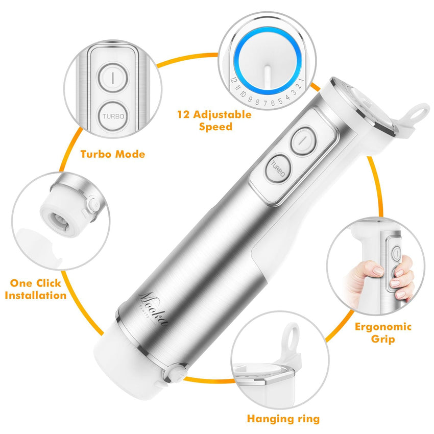 MOOKA FAMILY 5 - in - 1 Immersion Blender Set, 1100W 12 - Speed Hand Stick Blender with 600ml Beaker, 500ml Food Processor, Egg Whisk, Milk Frother, White - 7DAY'S