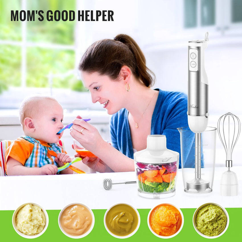MOOKA FAMILY 5 - in - 1 Immersion Blender Set, 1100W 12 - Speed Hand Stick Blender with 600ml Beaker, 500ml Food Processor, Egg Whisk, Milk Frother, White - 7DAY'S