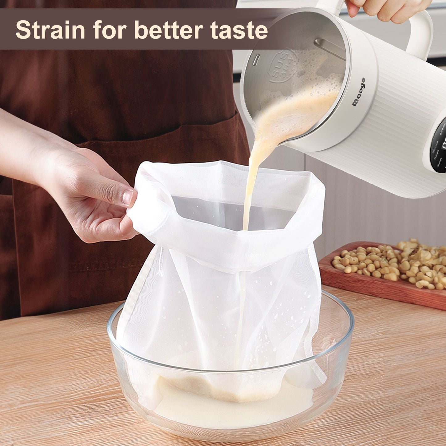 Mooye 35oz Automatic Nut Milk Maker with Nut Milk Bag - Homemade Almond, 10 Blades, Oat, Soy Milk Machine - Auto - operation, 12 Hours Timer, Easy Cleaning - Dairy - Free Beverages - 7DAY'S