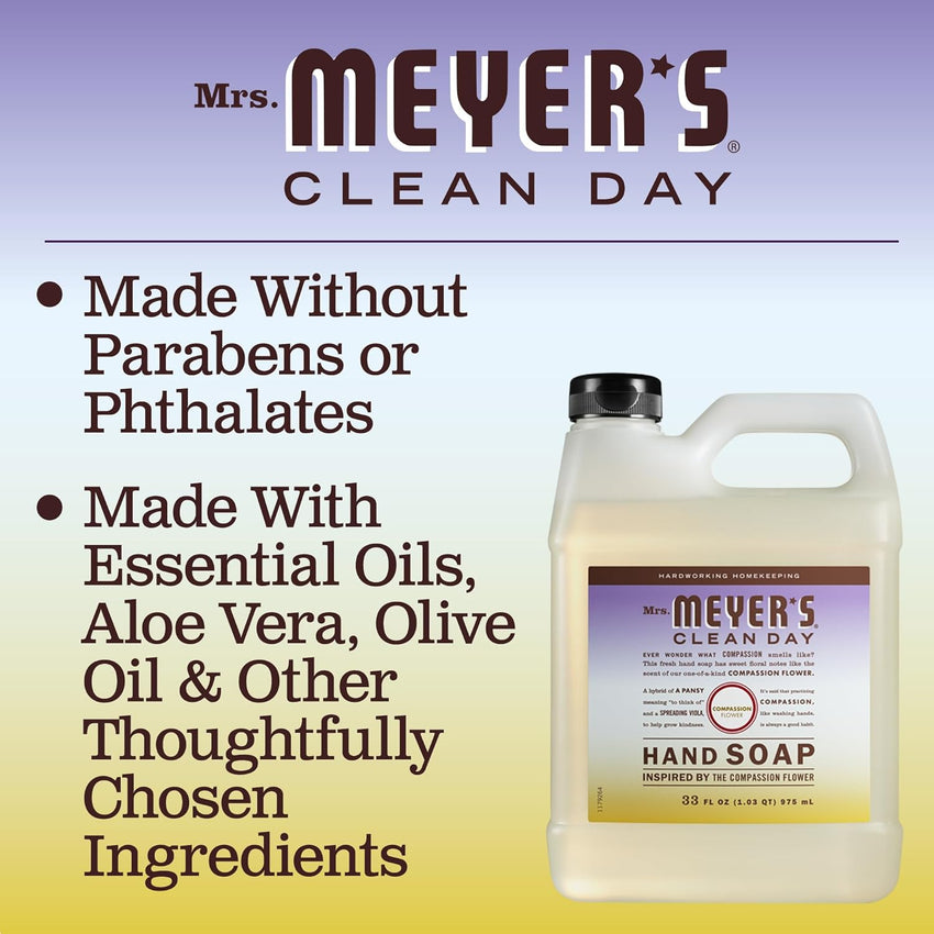 MRS. MEYER'S CLEAN DAY Hand Soap Refill, Made with Essential Oils, Biodegradable Formula, Compassion Flower, Packaging May Vary, 33 fl. oz - 7DAY'S