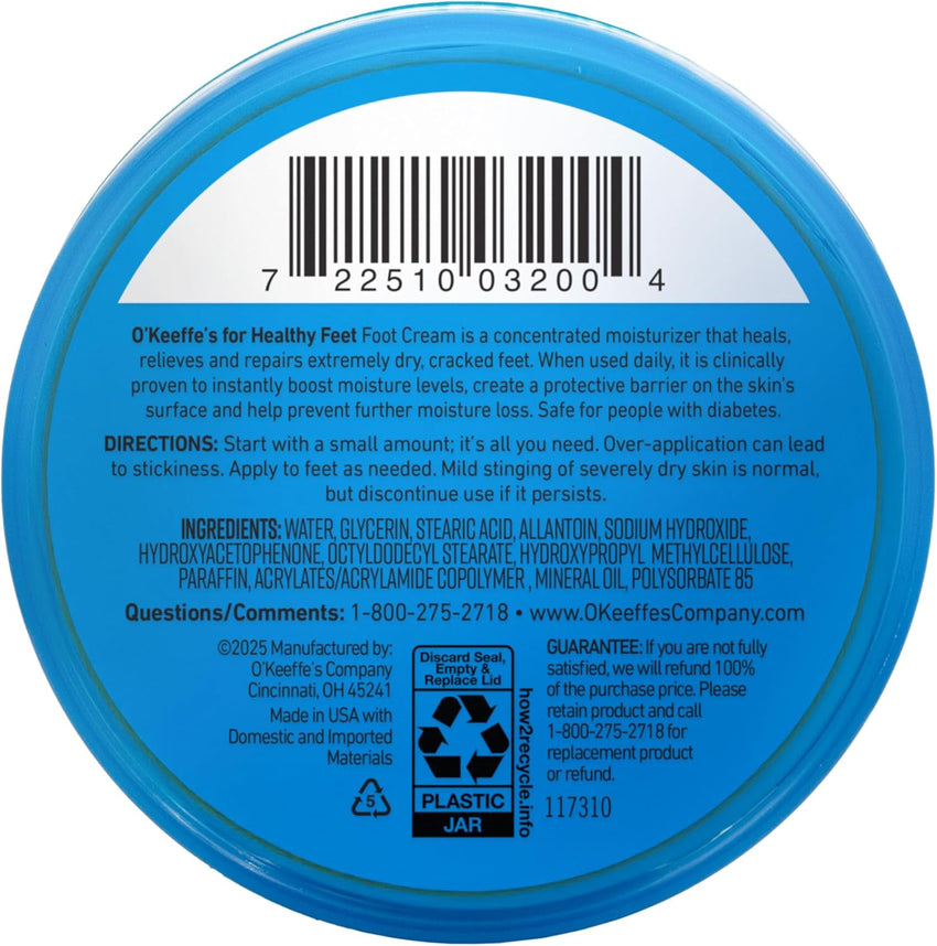 O'Keeffe's for Healthy Feet Foot Cream - 3.2 oz Jar (1 Pack) - Guaranteed Relief for Extremely Cracked, Dry Feet, Repairing Skincare, Instantly Boosts and Retains Moisture Levels - 7DAY'S