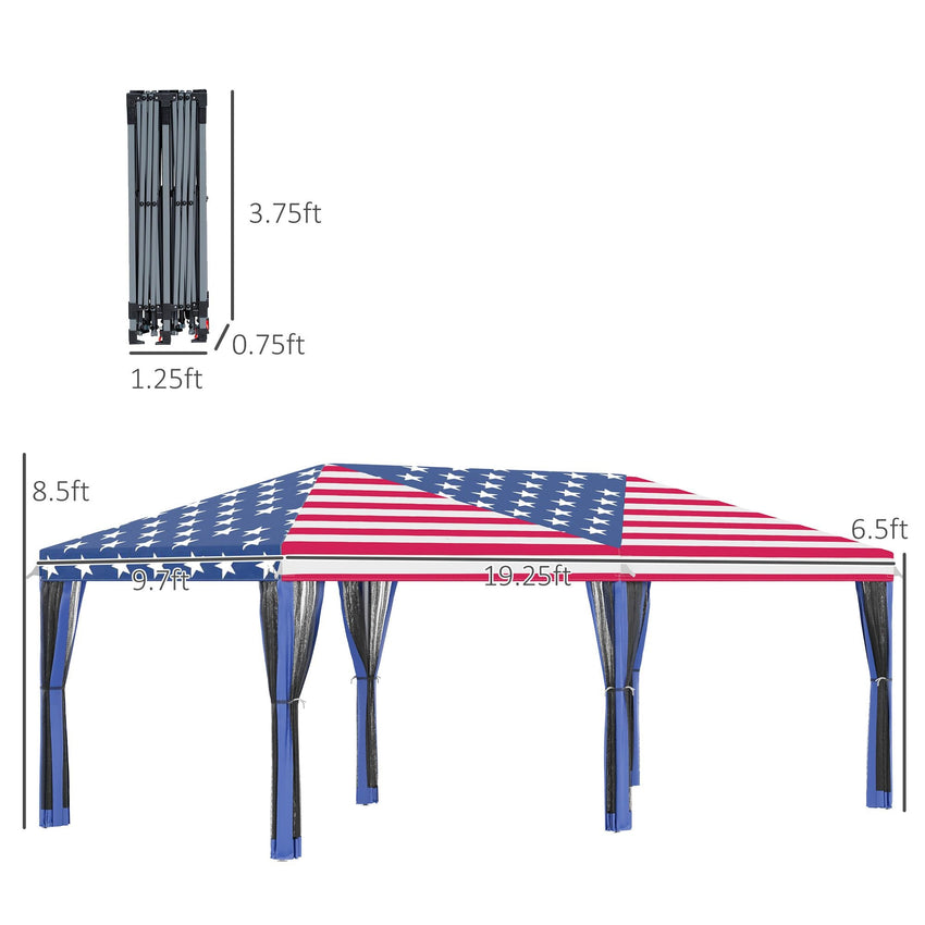 Outsunny 10' x 20' Pop - Up Canopy Tent Gazebo with American Flag Print and 6 Mesh Sidewalls, for Outdoor Events - 7DAY'S