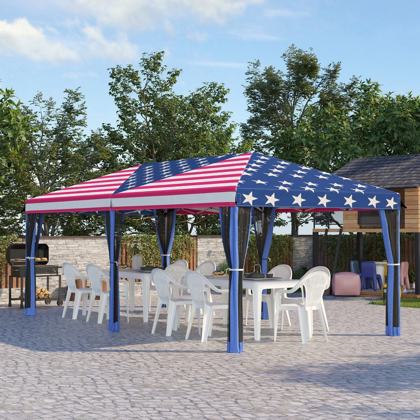Outsunny 10' x 20' Pop - Up Canopy Tent Gazebo with American Flag Print and 6 Mesh Sidewalls, for Outdoor Events - 7DAY'S