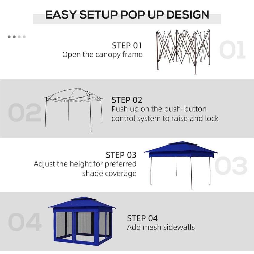 Outsunny 11 x 11 Pop - Up Canopy Gazebo Outdoor Patio Event Tent with Zipper Netting,Carry Bag, UV Protection for Backyard & Garden, Blue - 7DAY'S