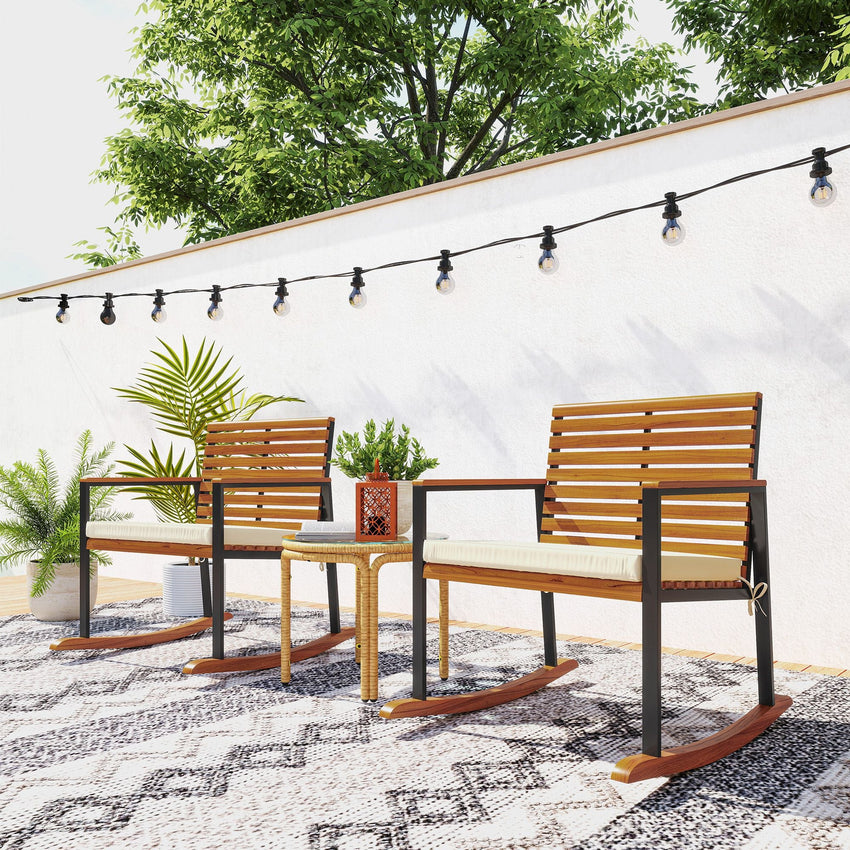 Outsunny Acacia Wood Outdoor Lawn Rocking Chair Set of 2, Outdoor Patio Rocking Chairs with Armrests, Cushion, Cream White - 7DAY'S