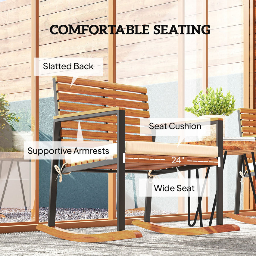 Outsunny Acacia Wood Outdoor Lawn Rocking Chair Set of 2, Outdoor Patio Rocking Chairs with Armrests, Cushion, Cream White - 7DAY'S