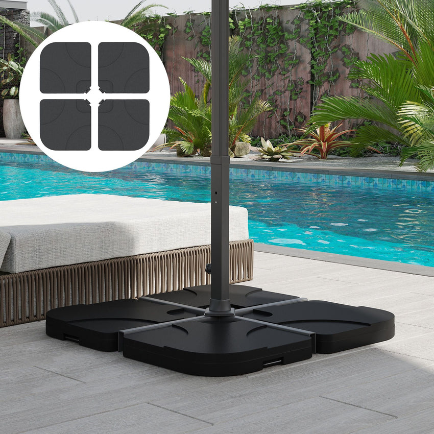 Outsunny Cantilever Patio Umbrella Base, 4 - Piece Offset Stand, 158 lb Sand or 60L Water Capacity, Black - 7DAY'S