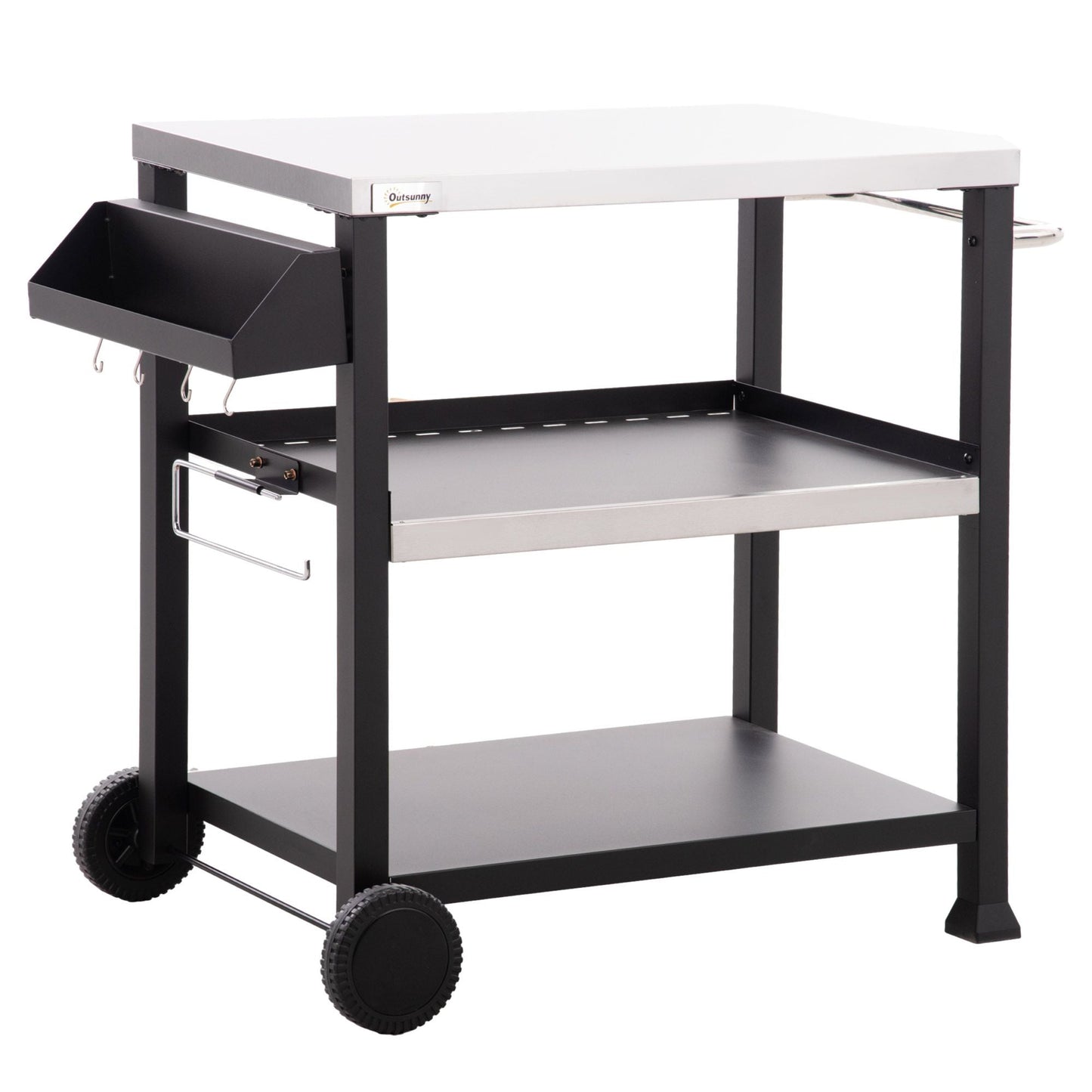 Outsunny Grill Cart Table Outdoor, 3 - Shelf Stainless Steel, Pizza Oven Stand, Black with BBQ Wheels & Side Handle - 7DAY'S