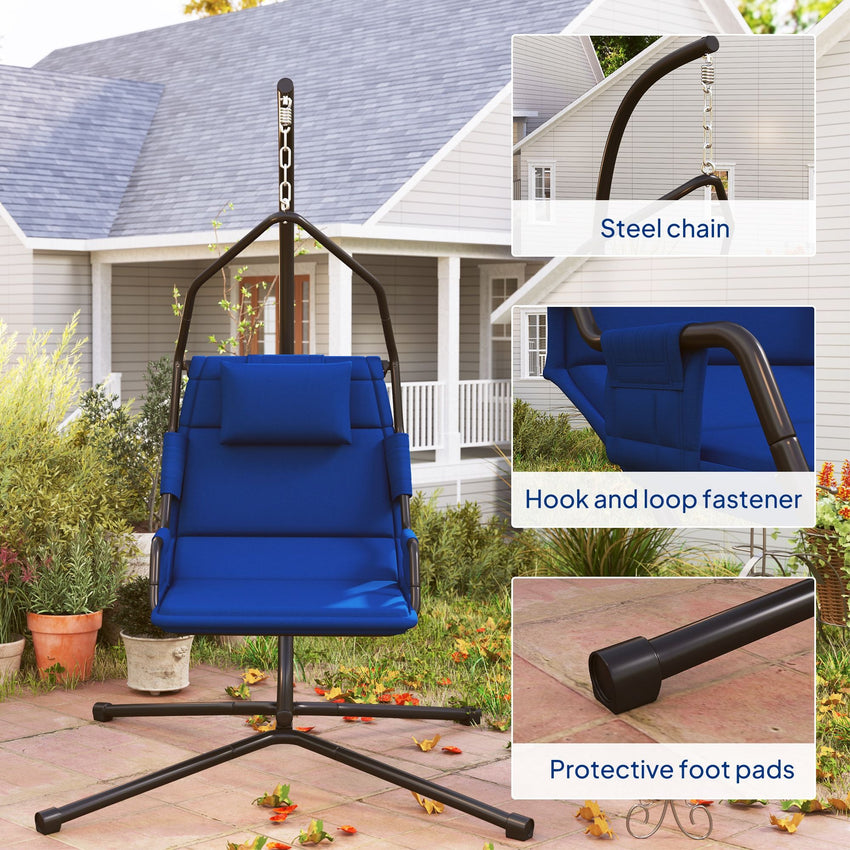 Outsunny Hammock Chair with Stand and PA Coating Cushion, Hanging Swing Chair with Steel Frame for Indoor and Outdoor, Dark Blue - 7DAY'S