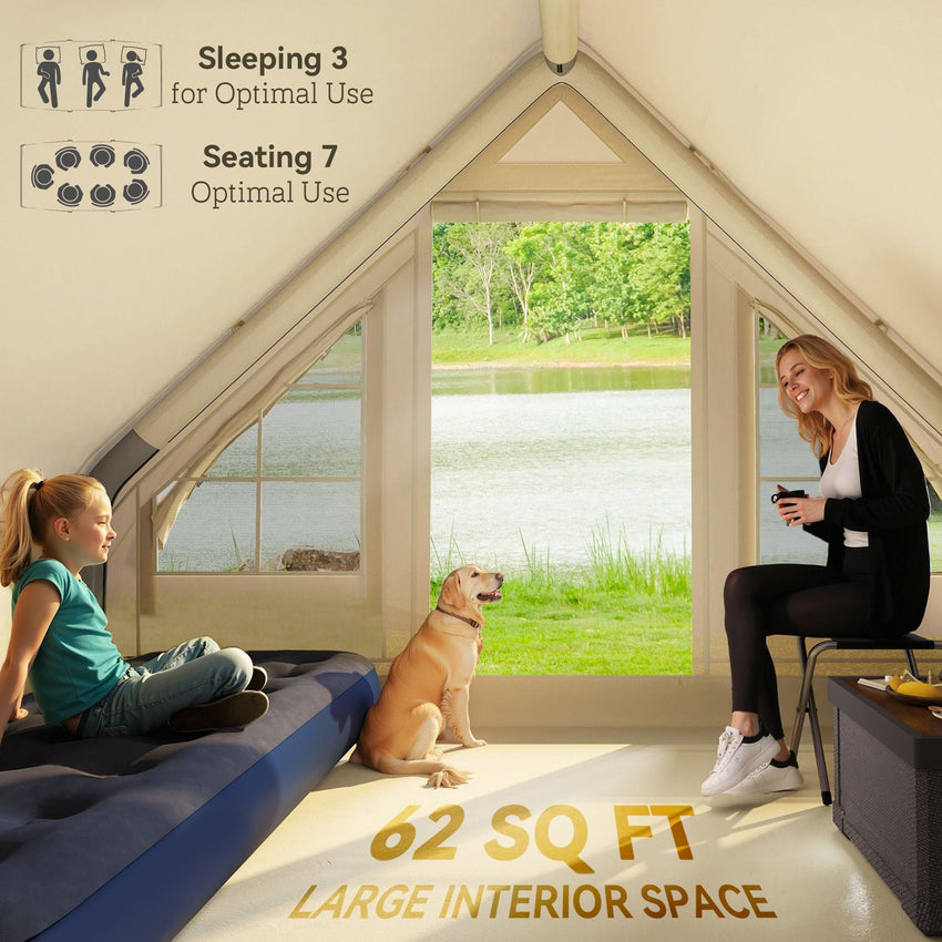 Outsunny Inflatable Camping Tent with Hand Pump, 4 Season Blow Up Tent, Waterproof and Windproof with Mesh Windows and Doors - 7DAY'S