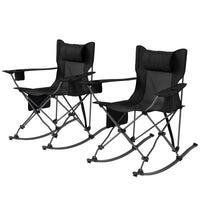 Outsunny Portable Outdoor Folding Rocking Camping Chairs with Headrest, Cooler Bag, Cup Holder, Carry Bag, 2 Pack, Black - 7DAY'S